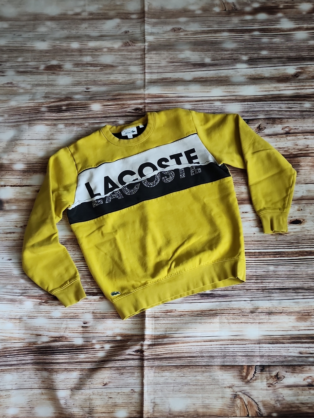 Lacoste Men's Yellow Crewneck Sweatshirt with Black & White Logo Panel